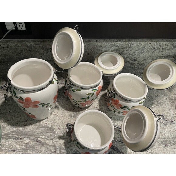 Canisters With Latched Lids Hand Painted Fruit Pattern Set of 4 Ceramic VTG - Picture 5 of 8